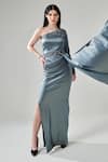 One Knot One_Grey Heavyweight Satin Placement Embellished Side Trail Gown With Belt_at_Aza_Fashions