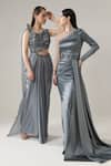 Buy_One Knot One_Grey Heavyweight Satin Placement Embellished Side Trail Gown With Belt
