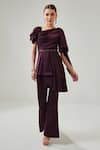 Buy_One Knot One_Wine Matte Finish Satin Plain Asymmetric Neck High Low Top With Pant _at_Aza_Fashions