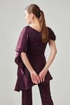 One Knot One_Wine Matte Finish Satin Plain Asymmetric Neck High Low Top With Pant _Online_at_Aza_Fashions