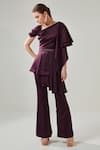 Buy_One Knot One_Wine Matte Finish Satin Plain Asymmetric Neck High Low Top With Pant _Online_at_Aza_Fashions