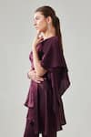 One Knot One_Wine Matte Finish Satin Plain Asymmetric Neck High Low Top With Pant _at_Aza_Fashions