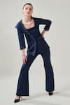 Shop_One Knot One_Blue Metallic Georgette Placement Embellished Sequins Blazer V Tonal Pant Set _Online_at_Aza_Fashions