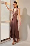 Buy_One Knot One_Brown Jacket Habutai Silk Embroidery Sequin V Sleeveless And Draped Skirt Set _at_Aza_Fashions