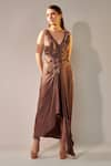 Buy_One Knot One_Brown Jacket Habutai Silk Embroidery Sequin V Sleeveless And Draped Skirt Set _Online_at_Aza_Fashions