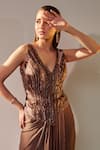 Shop_One Knot One_Brown Jacket Habutai Silk Embroidery Sequin V Sleeveless And Draped Skirt Set _at_Aza_Fashions