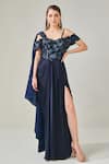 Buy_One Knot One_Blue Gown Textured Dutchess Satin Embellished Off Shoulder Embroidered Draped _at_Aza_Fashions