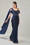 Buy_One Knot One_Blue Gown Textured Dutchess Satin Embellished Off Shoulder Embroidered Draped _Online_at_Aza_Fashions