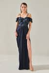 Shop_One Knot One_Blue Gown Textured Dutchess Satin Embellished Off Shoulder Embroidered Draped _Online_at_Aza_Fashions