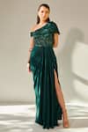 Buy_One Knot One_Emerald Green Satin Embellished Sequin One Shoulder Off Yoke Draped Gown_at_Aza_Fashions
