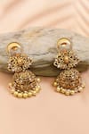 Shop_Anjali Jain_Gold Plated Pearl Peacock Carved Cutwork Earrings_at_Aza_Fashions