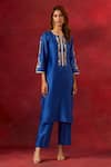 Buy_Anantaa by Roohi_Blue Silk Chanderi Embroidered Sequins Notched Round Neck Yoke Kurta And Pant Set _at_Aza_Fashions