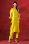 Buy_Anantaa by Roohi_Yellow Silk Chanderi Embroidered Sequins Notched Floral Yoke Kurta And Pant Set _at_Aza_Fashions