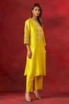 Buy_Anantaa by Roohi_Yellow Silk Chanderi Embroidered Sequins Notched Floral Yoke Kurta And Pant Set _Online_at_Aza_Fashions