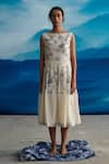 Buy_AHMEV_Ivory Chanderi Printed Peacock Boat Neck Pema Knife Pleated Dress _at_Aza_Fashions