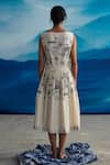 Shop_AHMEV_Ivory Chanderi Printed Peacock Boat Neck Pema Knife Pleated Dress _at_Aza_Fashions