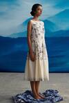 AHMEV_Ivory Chanderi Printed Peacock Boat Neck Pema Knife Pleated Dress _Online_at_Aza_Fashions