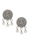 Shop Sangeeta Boochra Silver Plated Cut Work Lord Ganesha Oxidised Carved Coin Drop Earrings at Aza Fashions Shop_Sangeeta Boochra_Silver Plated Cut Work Lord Ganesha Oxidised Carved Coin Drop Earrings _at_Aza_Fashions