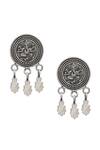 Shop_Sangeeta Boochra_Silver Plated Lord Ganesha Oxidised Carved Leaflet Drop Earrings _at_Aza_Fashions