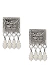 Shop_Sangeeta Boochra_Silver Plated Cut Work Carved Plumeria Oxidised Leaf Drop Earrings _at_Aza_Fashions