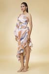 Naintara Bajaj_Multi Color Modal Silk Floral One Shoulder Cascade Delight Pattern Dress_Online_at_Aza_Fashions