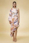 Naintara Bajaj_Multi Color Modal Silk Floral One Shoulder Cascade Delight Pattern Dress_at_Aza_Fashions