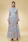 Naintara Bajaj_Blue Pure Chiffon Abstract Tie-up Neck Misty Meadows Pattern Dress_Online_at_Aza_Fashions