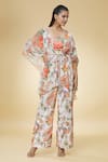 Buy_Naintara Bajaj_White Jacket Pure Chiffon Floral Square Neck Citrus Blossom Pattern Pant Set_at_Aza_Fashions