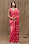 Buy_Samyukta Singhania_Red Silk Print Bandhani V Neck Pattern Saree With Blouse _at_Aza_Fashions