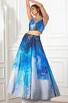 Buy_Harshita Singhvi_Blue Lehenga Crepe Printed Marble Texture V Neck Hand Embroidered Triangle Set _at_Aza_Fashions