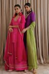 Harshita Singhvi_Pink Kurta And Palazzo Silk Embroidered Mirror Blunt V Neck Set  _at_Aza_Fashions