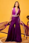 Buy_Harshita Singhvi_Purple Crop Top Silk Hand Embroidered Mirror Deep V Neck Sharara Set  _at_Aza_Fashions