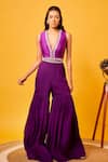 Harshita Singhvi_Purple Crop Top Silk Hand Embroidered Mirror Deep V Neck Sharara Set  _Online_at_Aza_Fashions