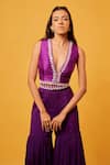 Buy_Harshita Singhvi_Purple Crop Top Silk Hand Embroidered Mirror Deep V Neck Sharara Set  _Online_at_Aza_Fashions