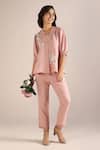 Buy Kaveri Pink Linen Lace V-neck Camelia Printed Top With Pant at Aza Fashions Buy_Kaveri_Pink Linen Lace V-neck Camelia Printed Top With Pant _at_Aza_Fashions