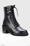 Shop_OROH_Black Plain Cordon Leather Biker Boots _at_Aza_Fashions