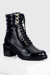 Buy_OROH_Black Plain Cordon Textured Leather Biker Boots _at_Aza_Fashions