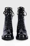 Shop_OROH_Black Plain Cordon Textured Leather Biker Boots _at_Aza_Fashions