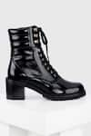 Buy_OROH_Black Plain Cordon Textured Leather Biker Boots _Online_at_Aza_Fashions