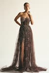 Buy_Cedar & Pine_Brown Tulle Embroidered Crystal Cosmic Sequin Strapless Gown _at_Aza_Fashions