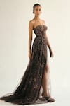 Cedar & Pine_Brown Tulle Embroidered Crystal Cosmic Sequin Strapless Gown _Online_at_Aza_Fashions