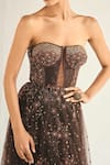 Buy_Cedar & Pine_Brown Tulle Embroidered Crystal Cosmic Sequin Strapless Gown _Online_at_Aza_Fashions