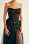 Shop_Cedar & Pine_Black Tulle Embellished Crystal Straight Umbra Sequin Corset Gown _Online_at_Aza_Fashions