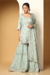 Buy_MeenaGurnam_Blue Chinon Chiffon Embroidery Sequin Deep Round Blossom Kurta Sharara Set_at_Aza_Fashions