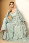 MeenaGurnam_Blue Chinon Chiffon Embroidery Sequin Deep Round Blossom Kurta Sharara Set_Online_at_Aza_Fashions