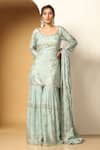 Shop_MeenaGurnam_Blue Chinon Chiffon Embroidery Sequin Deep Round Blossom Kurta Sharara Set_Online_at_Aza_Fashions