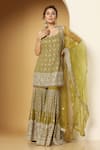 Meenagurnam Green Net, Georgette Sequins, Beads, Retro Bloom Embroidered Kurta Sharara Set Online at Aza Fashions Meenagurnam_Green Net, Georgette Sequins, Beads, Retro Bloom Embroidered Kurta Sharara Set _Online_at_Aza_Fashions