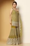 Shop Meenagurnam Green Net, Georgette Sequins, Beads, Retro Bloom Embroidered Kurta Sharara Set Online at Aza Fashions Shop_Meenagurnam_Green Net, Georgette Sequins, Beads, Retro Bloom Embroidered Kurta Sharara Set _Online_at_Aza_Fashions