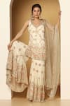 Shop_Meenagurnam_Ivory Net, Georgette Sequins, Mughal Bloom Embroidered Kurta Sharara Set _Online_at_Aza_Fashions