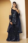 Shop_Meenagurnam_Blue Net, Georgette Sequins Polo Collar Synodic Encrusted Kurta Sharara Set _Online_at_Aza_Fashions